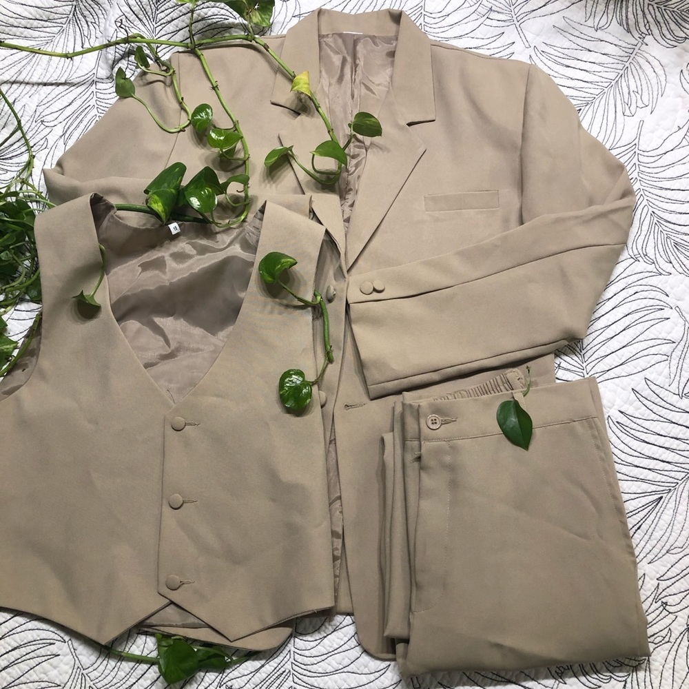 Chic 3 piece beige suit (vest, blazer, and plants)